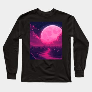 Nighttime Under the Pink Full Moon Long Sleeve T-Shirt